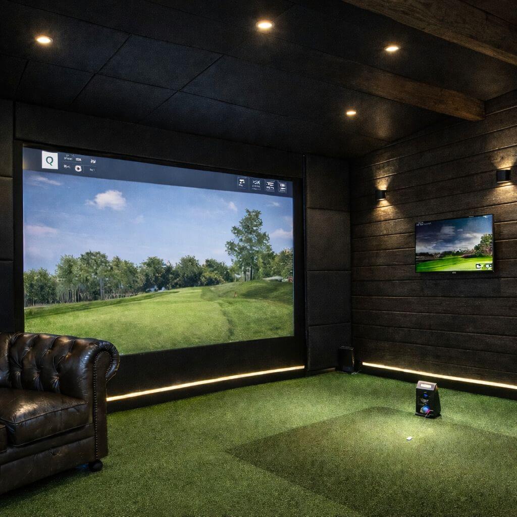 Interior of a garden golf simulator cabin with screen and hitting area
