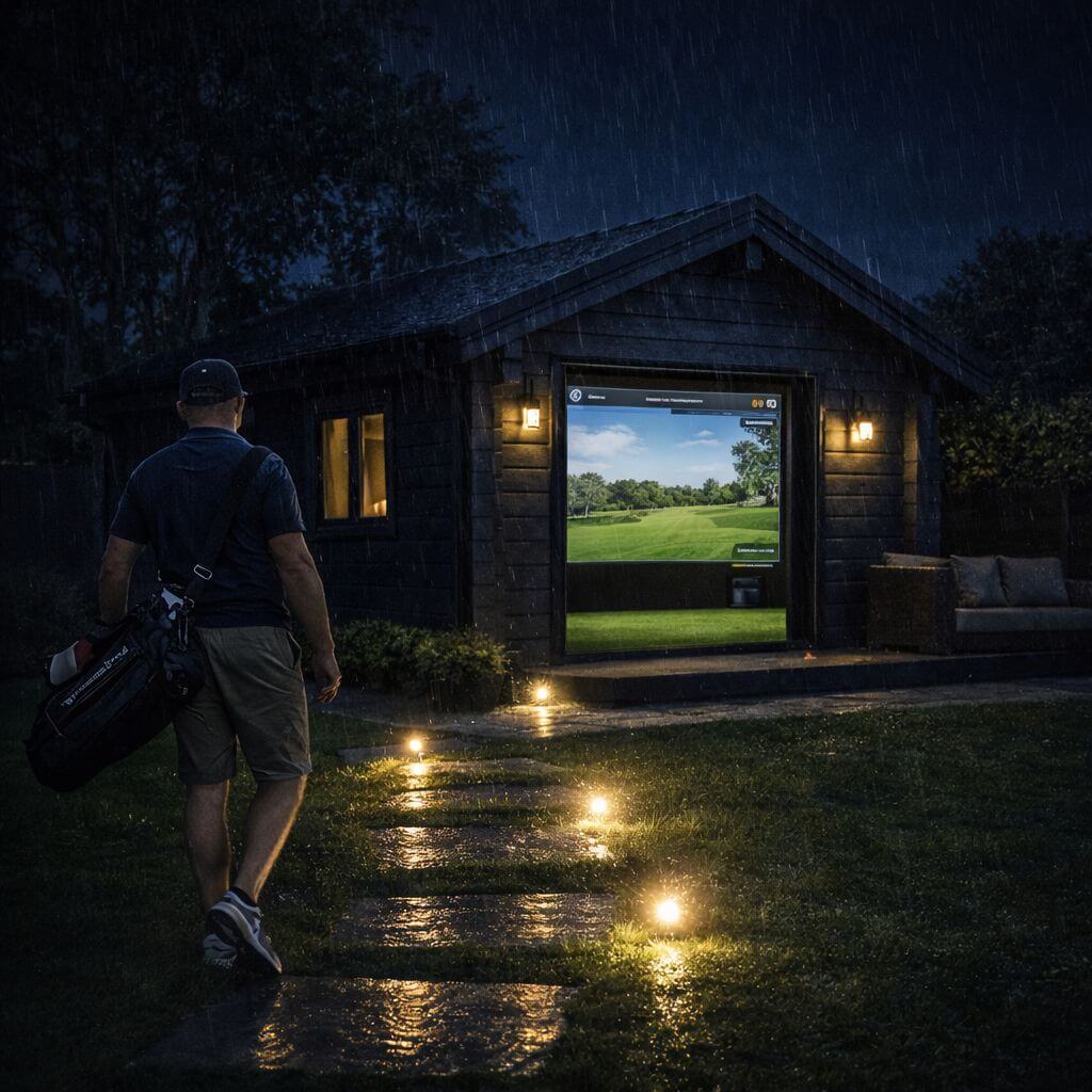 Exterior of a Logspan golf simulator cabin in a landscaped garden